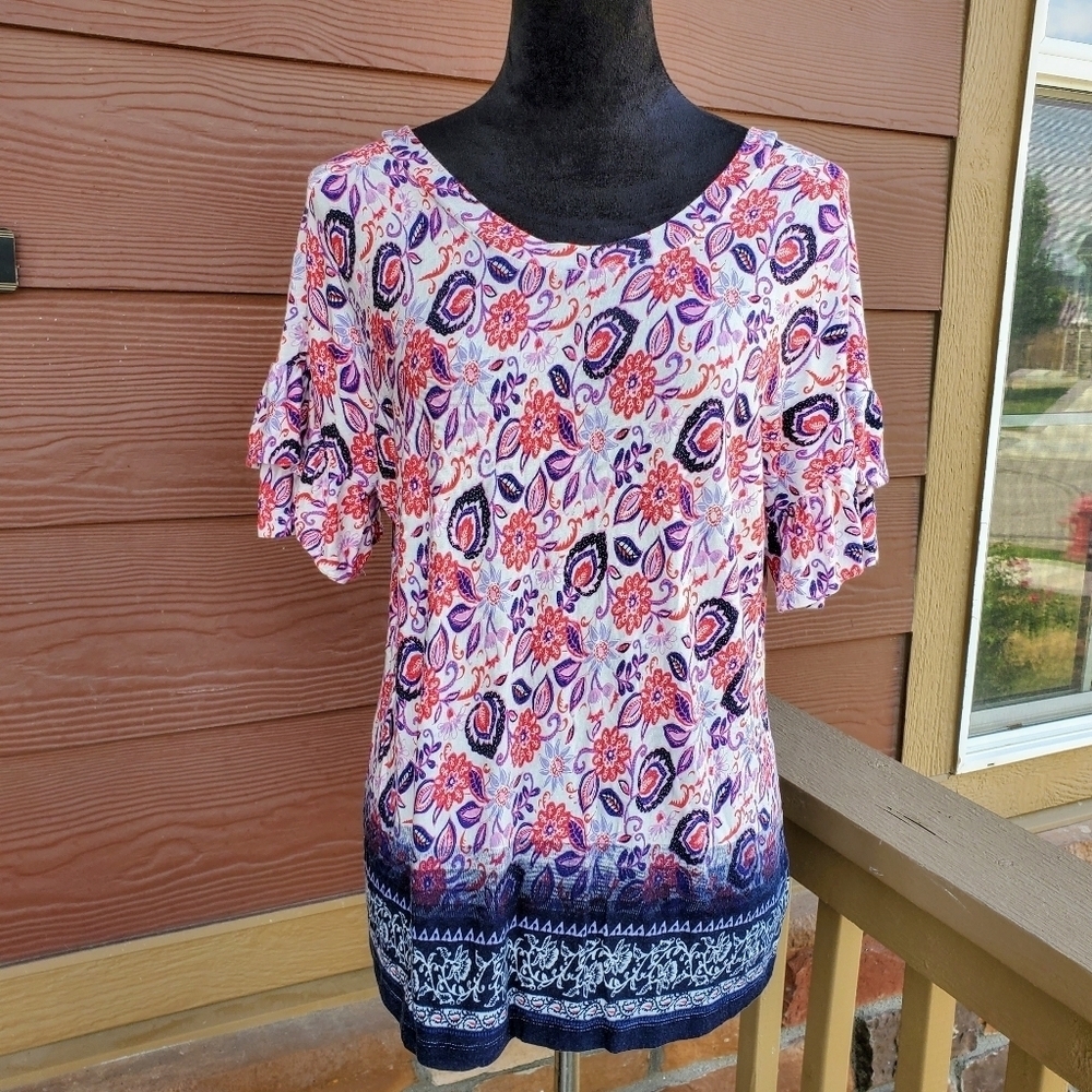 Fever Pink Purple White Floral Paisley Ruffle Sleeve Blouse Women's Size Large